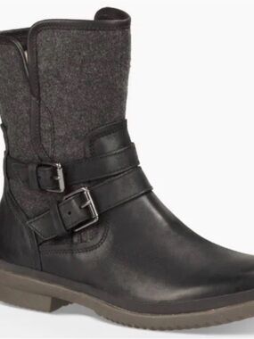 UGG Simmens Mid-Calf Black Leather Boots with Burgundy Shearling Lining